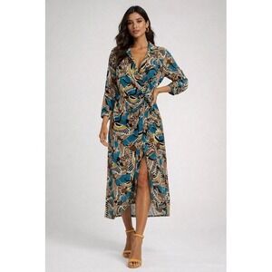 NWT TEREA Raina Faux Wrap Tropical Maxi Dress Blue Tan XL